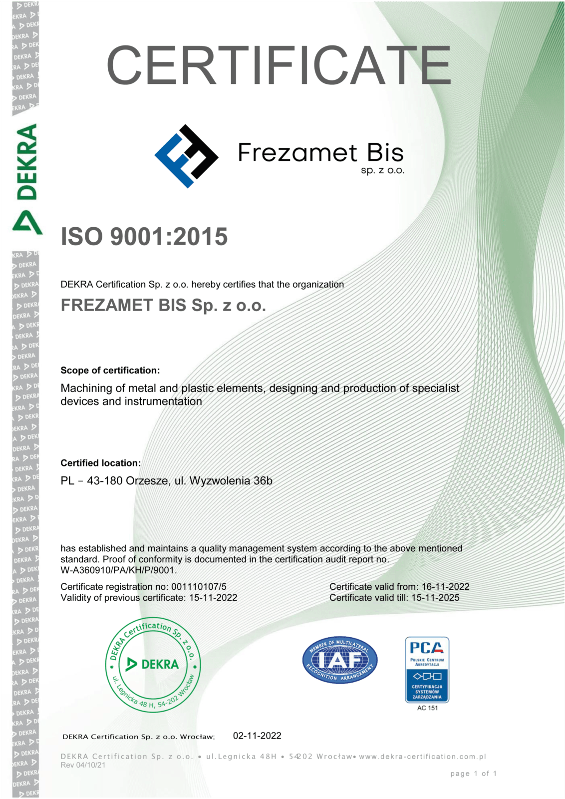 Zdjęcie przedstawiające certyfikaty firmy Frezamet-Bis